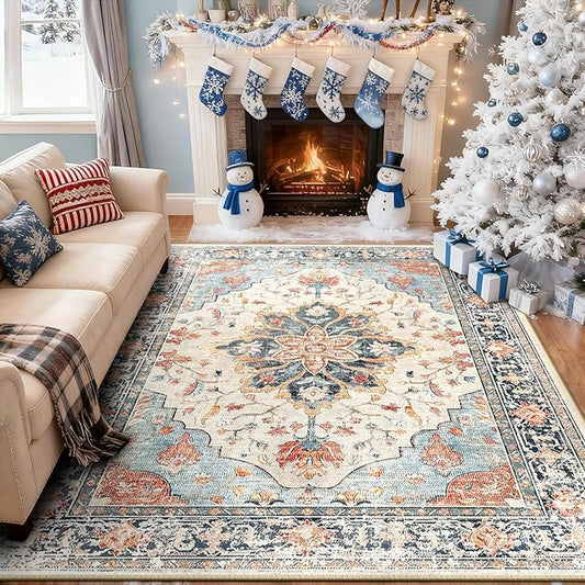 RELEANY Area Rugs 5'x7' Washable Non-Slip, Floral Vintage Distress Medallion Carpet for Living Room Bedroom Dining Room, Beige Navy Blue Orange Colorful