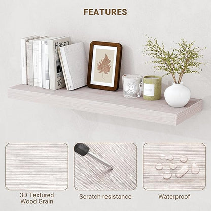 Acovy 24 Inch Floating Shelves, 3D Textured Wood Grain, 24"x9.25"x1.5" Inch Deep Floating Shelves for Wall, Wooden Shelves for Bathroom, Bedroom, Living Room, Washed White, 2 Pieces