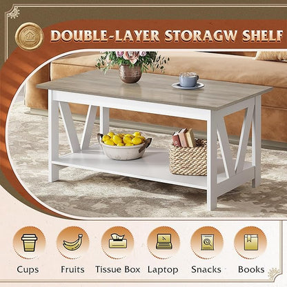 WLIVE Coffee Table for Living Room with Storage Shelf, 39.4" Farmhouse Coffee Table with V-Frame Support, 2-Tier Wood Rustic Center Table for Home Office, Apartment, Greige & White