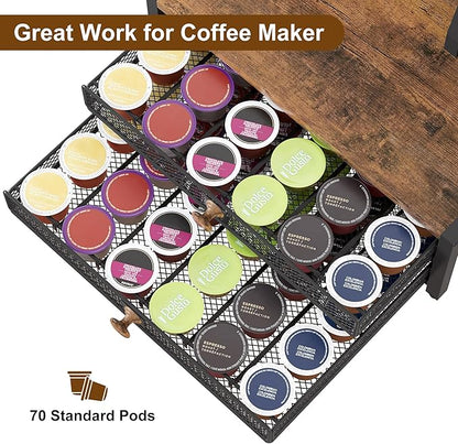 TQVAI Coffee Bar Organizer, Maximize Small Countertop Space, 70 Standard Capsules Capacity with Sliding Pods Drawer, 4-Tier Coffee Station Organizer for Home Kitchen Office Commercial