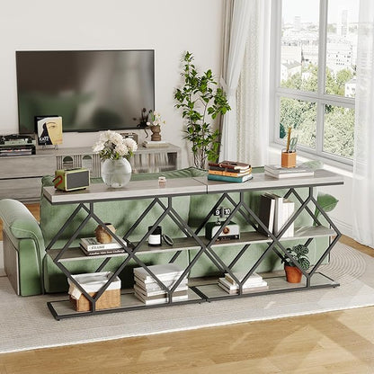 Garvee 3-Tier Entryway Table, Industrial Console Sofa Table with Storage, Accent Table with Open Shelves, Diamond-Shaped Metal Frame, Foyer Table for Entryway, Hallway, Gray