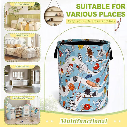 Ball Sports Laundry Basket Funny Balls Game Foldable Waterproof Oxford Cloth Tote Bag Laundry Hamper Round Large Clothes Storage Bucket Toy Organizer For Bathroom/Laundry Storage/Bedroom 18.9x16.5 In