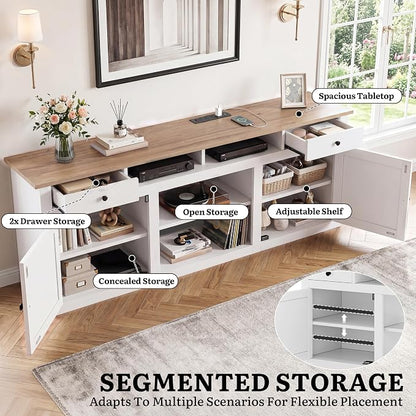 YITAHOME 70" Farmhouse TV Stand for 75/80 Inch TVs, Entertainment Center with Drawers, Adjustable Shelves & Built-in Power Outlet, Stable Anti-Tip TV Console Cabinet for Living Room, White+Walnut Top