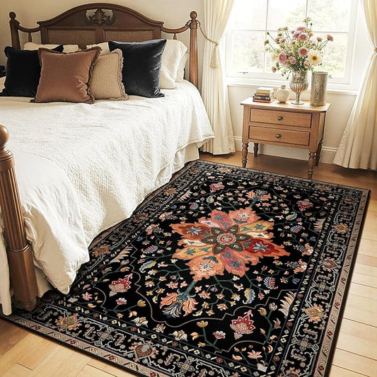 RELEANY Area Rugs 4'x5' Washable Non-Slip, Floral Vintage Distress Medallion Carpet for Living Room Bedroom Dining Room, Black Colorful Floral Dark Tan