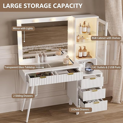 Makeup Vanity Desk with Mirror and Lights, 45" Fluted Wood Vanity Desk with Glass Top, 5 Drawers & RGB Glass Cabinet, Power Outlet, Mid Century Modern Dressing Table Set for Women Girls Bedroom