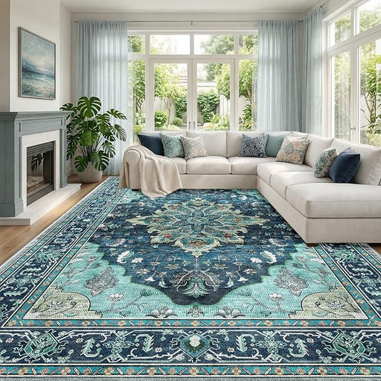 RELEANY Area Rugs Large 10'x12' Washable Non-Slip, Floral Vintage Distress Medallion Carpet for Living Room Bedroom Dining Room, Teal Green Lake Blue Turquoise