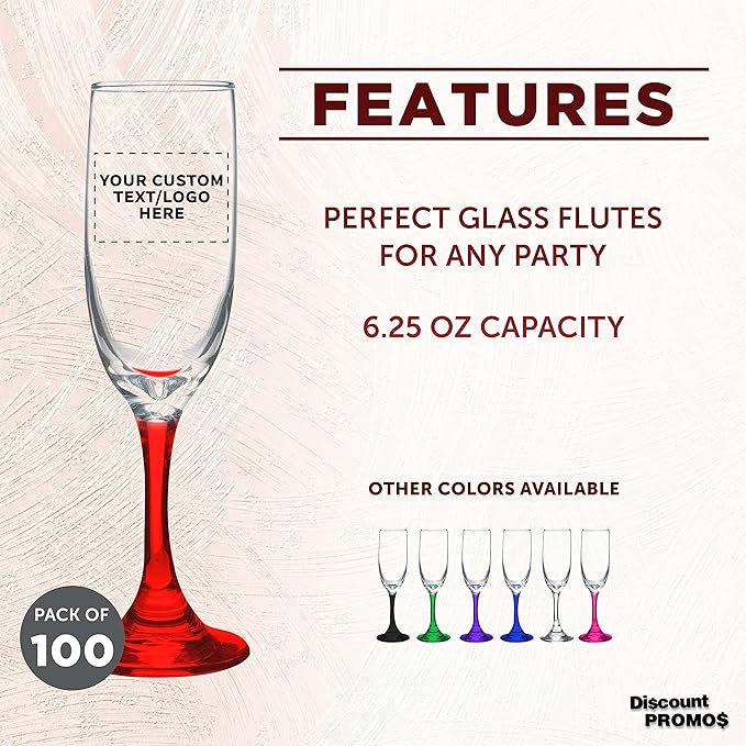 DISCOUNT PROMOS Custom Premiere Champagne Flutes 6.25 oz. Set of 100, Personalized Bulk Pack - Elegant Drinkware for Weddings, Events, & Promotional Gifts - Red
