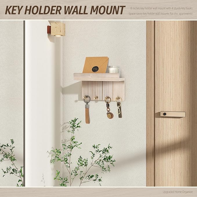 Rebee Vision Farmhouse Key Holder Wall Mount - Key and Mail Holder for Wall with Mini Floating Shelf and 4 Key Hooks - Perfect for Apartment Essentials (Natural Wood)