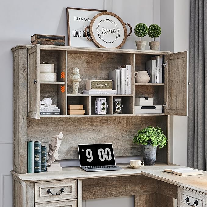 T4TREAM 59" Executive L Shaped Desk with Hutch,Victorian Wood Computer Desk, Featuring Charging Station,File Drawer, Storage Cabinet,for Home Office Work and Study (Light Rustic Oak)