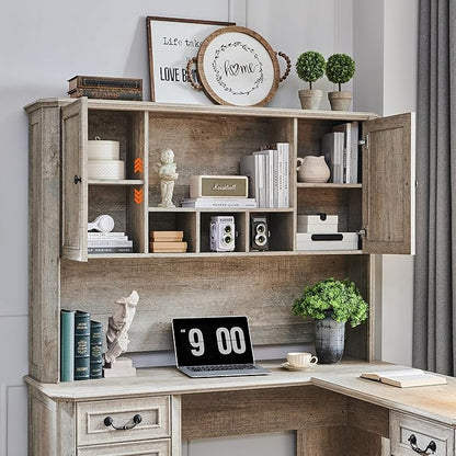 T4TREAM 59" Executive L Shaped Desk with Hutch,Victorian Wood Computer Desk, Featuring Charging Station,File Drawer, Storage Cabinet,for Home Office Work and Study (Light Rustic Oak)