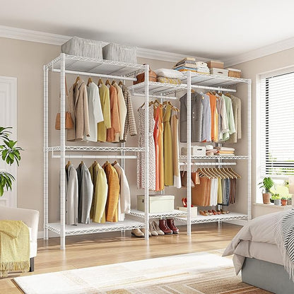 Raybee Clothes Rack, Clothing Racks for Hanging Clothes, L Shaped Clothing Rack for Corner 900LBS Heavy Duty Clothes Rack Garment Rack 74.5" W X 18" D X 77" H, White