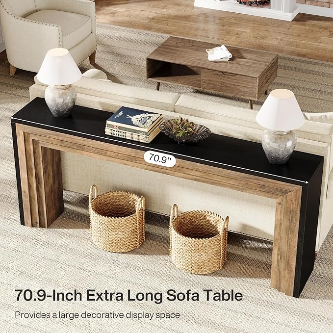 Tribesigns 70.9-Inch Long Console Table, Farmhouse Narrow Wooden Sofa Table Behind The Couch for Living Room, Entryway, Hallway, Foyer, Black + Brown