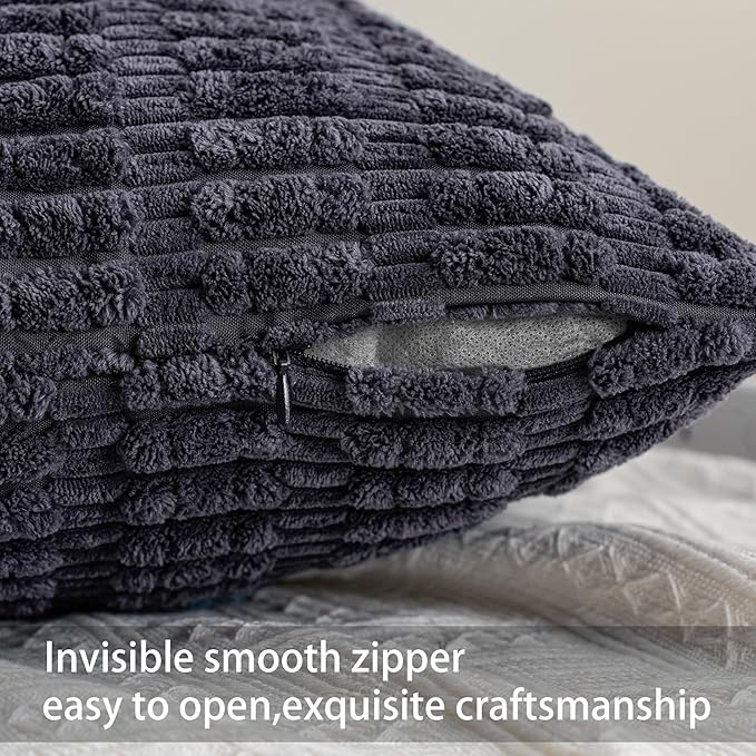 Aegero Pack of 2 Corduroy Decorative Throw Pillow Covers 18x18 InchSoft Boho Striped Pillow Covers Modern Farmhouse Home Decor for Sofa Living Room Couch Bed（Dark Grey）