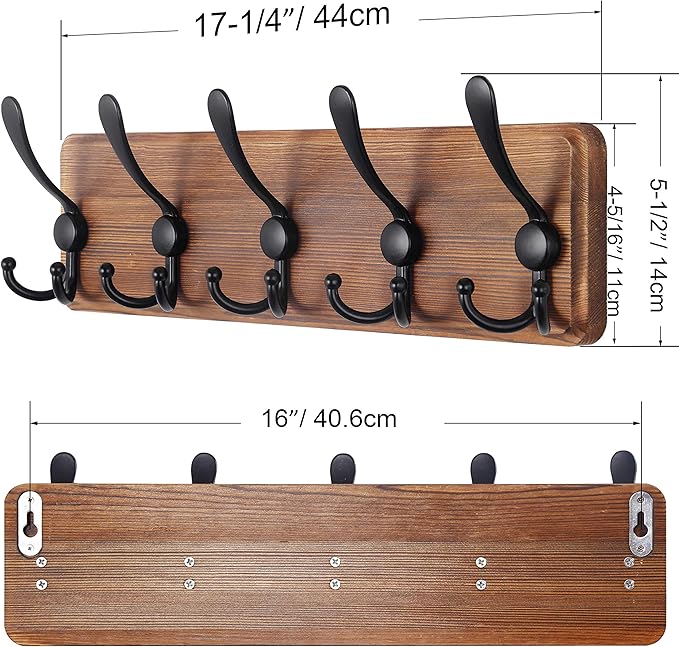 SKOLOO Rustic Wall Mounted Coat Rack: 16" Stud Spacing, Pine Real Wood Plank Wall Coat Rack with 5 Triple Hooks, Farmhouse Coat Hanger Wall Mount for Hanging Backpack Jacket Coat Hat