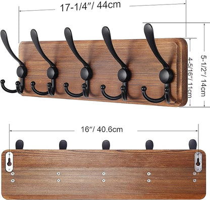 SKOLOO Rustic Wall Mounted Coat Rack: 16" Stud Spacing, Pine Real Wood Plank Wall Coat Rack with 5 Triple Hooks, Farmhouse Coat Hanger Wall Mount for Hanging Backpack Jacket Coat Hat