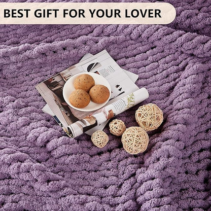 L'AGRATY Chunky Knit Blanket Throw: 50''x60'' Chenille Chunky Knitted Throw Blankets for Bed Couch - Handmade Thick Big Cable Knit Blanket - Large Crochet Rope Blankets for Home Decor(Deep Purple)