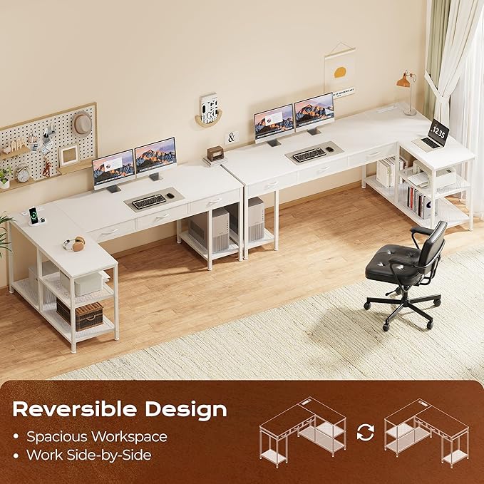 PRAISUN 63 Inch L Shaped Office Desk with Power Outlets and Type-C Port, Large Computer Gaming Desk with 3 Fabric Drawers, Mesh Shelves, Corner Study Work Writing Desk, White