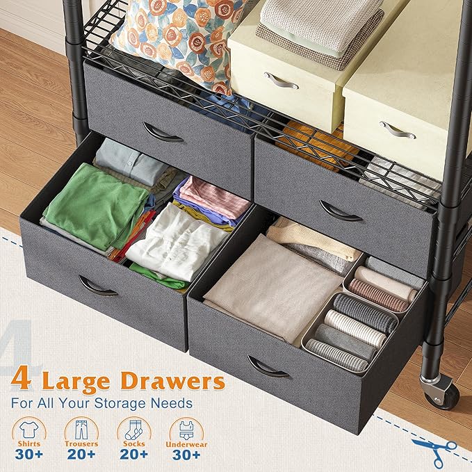 Raybee Clothes Rack Heavy Duty Clothing Rack with Rolling Wheels & 4 Drawers, Clothing Racks for Hanging Clothes with Drawers, Black