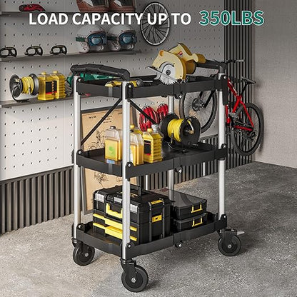 YITAHOME 3-Tier Folding Utility Cart with Wheels, Foldable Service Cart Collapsible Rolling Cart w/ 360° Swivel Wheels & Brake, 350lbs Load Capacity Portable Utility Cart for Kitchen, Warehouse