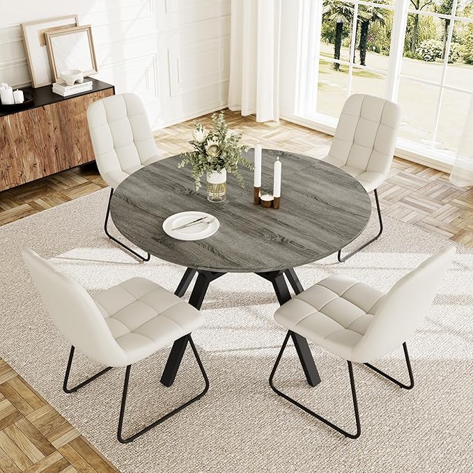 Extendable Round Dining Table Set for 4 People, 43.3"-59.1" Extendable Kitchen Table with 4 Upholstered Chairs, Space Saving for Kitchen Dining Room (Grey Table+4 U-Shaped White Chairs)