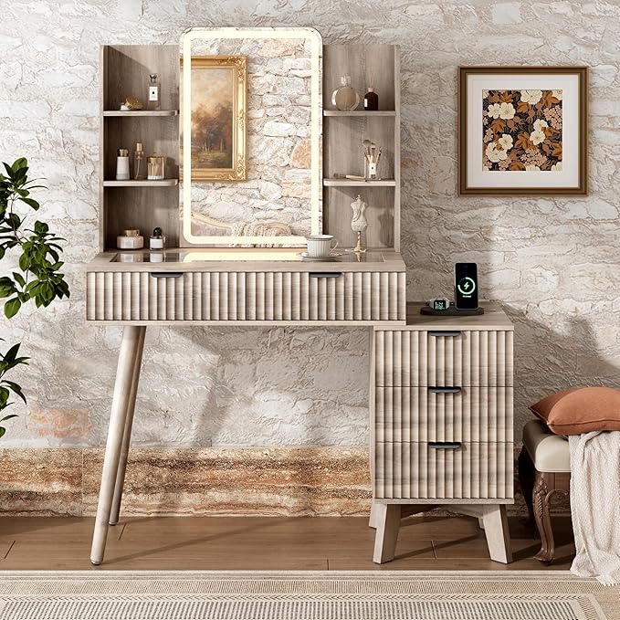 Fluted Vanity Desk with Mirror and Lights, 31.5" Glass Top Makeup Table Set with 5 Drawers, Power Outlet & Storage Cabinet, Large Dressing Table with RGB Ambient Light for Bedroom Women Girls, Grey