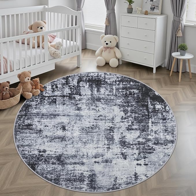Round Area Rug for Living Room: 5 ft Washable Modern Abstract Soft Thin Rug Indoor Floor No Slip Stain Resistant Carpet for Bedroom Dining Room Farmhouse Nursery Home Office - Dark Black