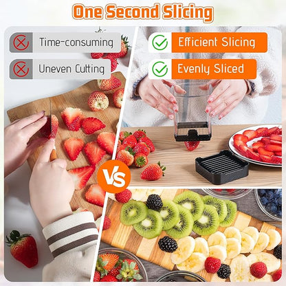 Fruit Slicer Cup for Strawberry, Banana, Hard-Boiled Egg - Detachable Cutter with Push Plate - 304 Stainless Steel Blade - Rapid & Safe Slicing Kitchen Gadget for Quick Meal Prep (Black)