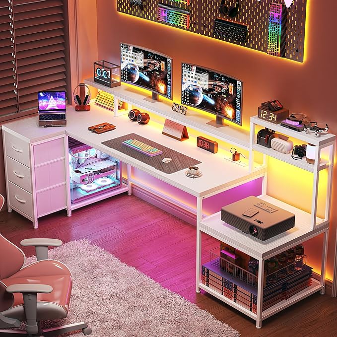 EnHomee 71" L Shaped Gaming Desk with LED Lights,White Computer Desk with Drawers and Printer Shelf,Power Outlet,Reversible Home Office Desks with Storage and Monitor Stand