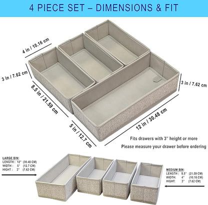 Drawer Organizer, 4-Piece Rigid Fabric Bins for Kitchen | Ideal for kitchen, bathroom, cosmetics, utensils, silverware, and gallon, quart, sandwich & snack bags