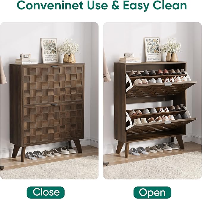 Smuxee Walnut Shoe Cabinet with 2 Flip Drawers, 29.6" Hidden Shoe Storage Cabinet with Embossed Checkerboard Doors, Freestanding Shoe Organizer Cabinet for Entryway, Hallway, Living Room