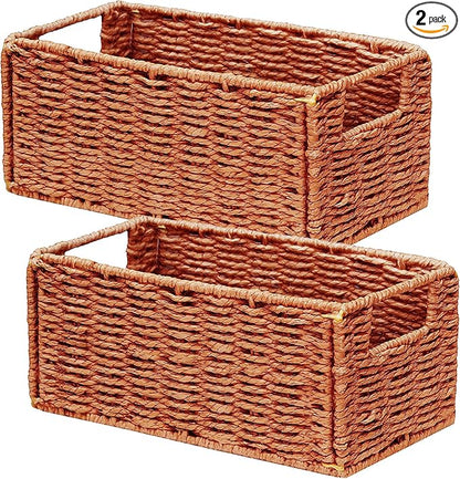 Vagusicc Wicker Storage Basket, Set of 2 Hand-Woven Paper Rope Wicker Basket, Small Storage Baskets for Organizing Toilet Paper, Foldable Small Cube Organizer Bins for Shelves (Orange)