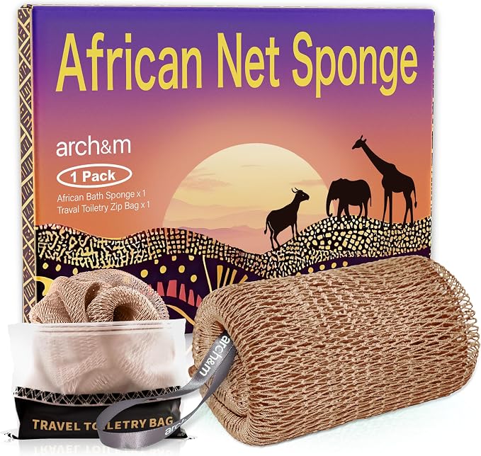 ARCH&M African Net Sponge Authentic, Champagne | Afroscrub African Wash Cloths, Smoother Skin, Exfoliating Body Sponges, Back Scrubber Exfoliator, Daily Use Shower Loofah