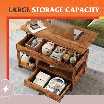 WLIVE Coffee Table, 39" Lift Top Coffee Table with Storage Drawers and Hidden Compartment for Living Room, Retro Central Table with Wooden Lift Tabletop Reception Room, Rustic Brown
