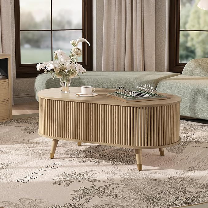 SULIVES Oval Coffee Table with Storage, Multifunctional Coffee Table with Lifting Top, Small Fluted Center Table for Living Room, Oak