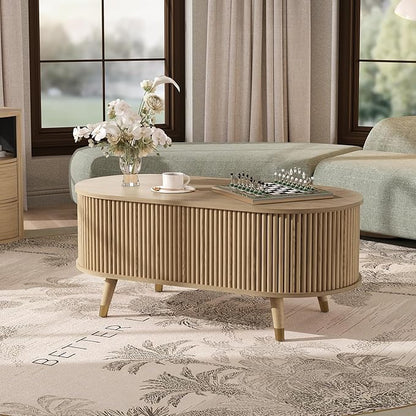 SULIVES Oval Coffee Table with Storage, Multifunctional Coffee Table with Lifting Top, Small Fluted Center Table for Living Room, Oak