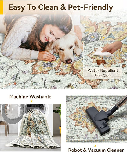 RELEANY Area Rugs Large 9'x12' Washable Non-Slip, Floral Vintage Distress Medallion Carpet for Living Room Bedroom Dining Room, Beige Carbon Grey Orange