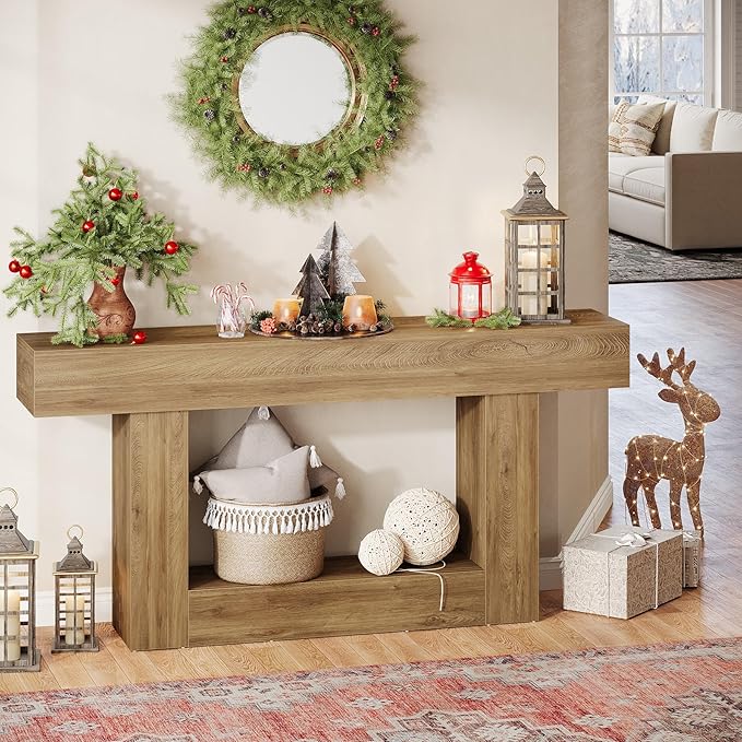 Tribesigns 63-Inch Long Console Table, 2-Tier Entryway Table Sofa Table with Storage, Farmhouse Wood Behind Couch Table for Living Room, Hallway, Light Brown