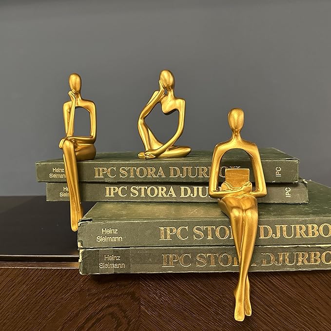 Gold Home Decor Thinker Statue Accents, Set of 3 Thinker Sculptures Office Decor Modern Abstract Resin Decoration on Shelf Table Desk for Living Room Office Bedroom (Small Gold)
