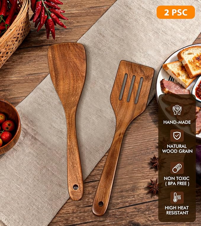 2Pcs Wooden Spatula, Acacia Wooden Spatula for Kitchen Use, Nonstick Cookware Safe Utensils Set including Turner and Slotted Turner, Ideal Cooking Utensils Gift Set for Cooking, Frying, Baking