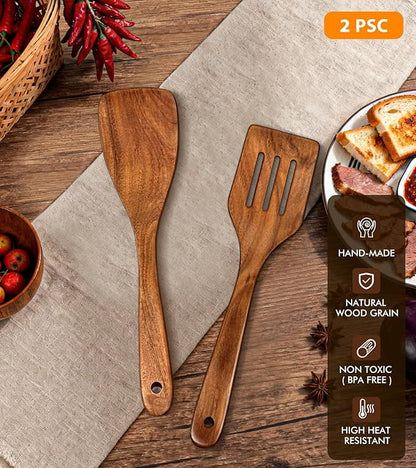 2Pcs Wooden Spatula, Acacia Wooden Spatula for Kitchen Use, Nonstick Cookware Safe Utensils Set including Turner and Slotted Turner, Ideal Cooking Utensils Gift Set for Cooking, Frying, Baking