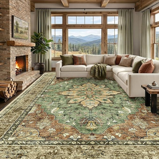 RELEANY Area Rugs Large 10'x14' Washable Non-Slip, Floral Vintage Distress Medallion Carpet for Living Room Bedroom Dining Room, Terracotta Burnt Orange Green