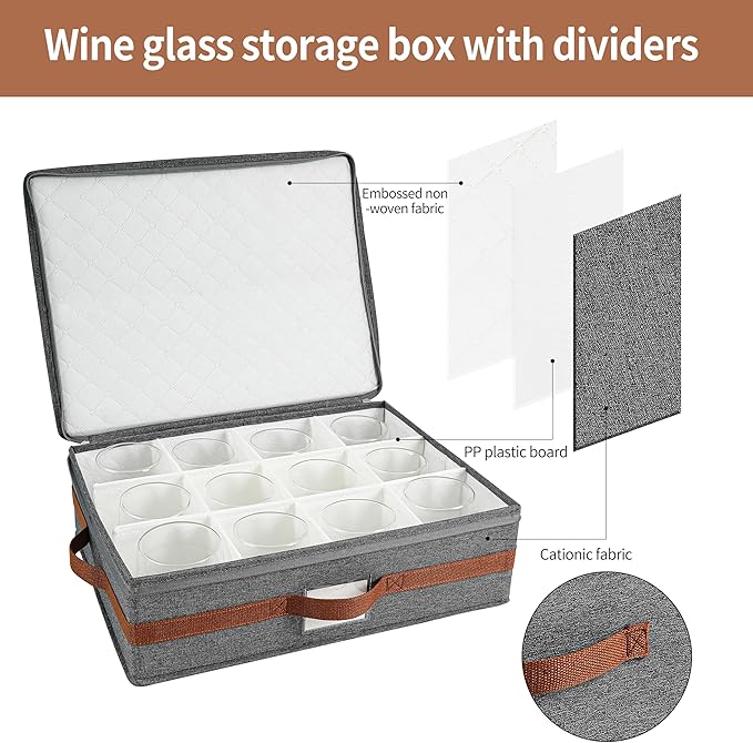 Mug storage box with divider, tea cup and coffee mug storage container with zipper cover and reinforced handle, hard shell, stackable, foldable (Grey red, 2 sets of mug storage Case)