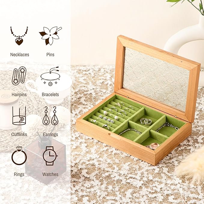 Wooden Jewelry Box for Women, Medium Size Natural Solid Cherry Wood Vintage Trinket Organizer with Large Storage, Ring Compartments, Built in Necklace Hooks, Glass Lid, ek06-m-cherry