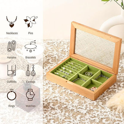 Wooden Jewelry Box for Women, Medium Size Natural Solid Cherry Wood Vintage Trinket Organizer with Large Storage, Ring Compartments, Built in Necklace Hooks, Glass Lid, ek06-m-cherry