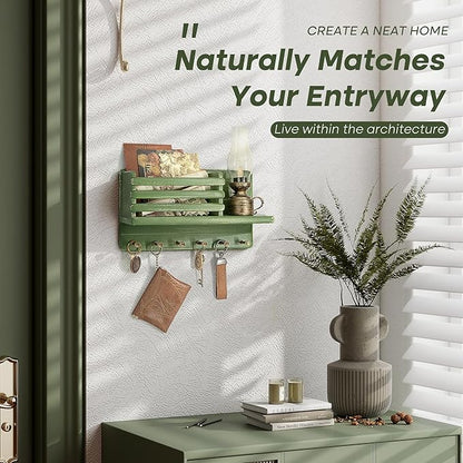Rebee Vision Pine Wood Key Holder Wall Mount for Room Decor– 6 Hooks for Umbrella & Hats - Wooden Key Holder for Wall with Mail Slot Can Store Letters and Postcard (Green)