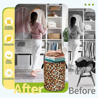 Brown Black Leopard Print Laundry Basket Funny Foldable Waterproof Oxford Cloth Tote Bag Laundry Hamper Large Clothes Storage Bucket Toy Organizer For Bathroom/Laundry Storage/Bedroom 18.9x16.5 Inch