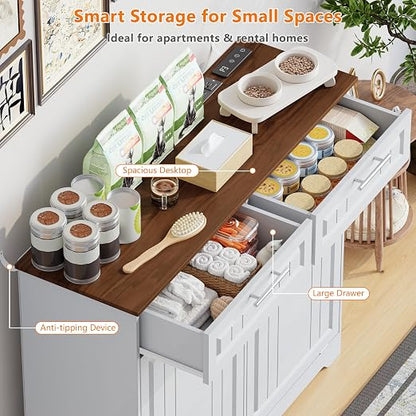 Double 10 Gallon Tilt Out Trash Can Cabinet with Deodorizing Function and Power Outlet, Wooden Hidden Garbage Can Holder with 2 Storage Drawers for Kitchen, Laundry Hamper Cabinet for Bathroom, White