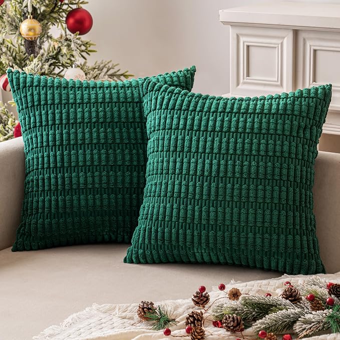 MIULEE Pack of 2 Dark Green Corduroy Decorative Pillow Covers 18x18 Inch Soft Boho Striped Throw Pillow Covers Modern Farmhouse Home Decor for Sofa Living Room Couch Bed