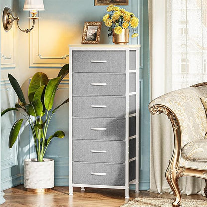 Huuger Tall Dresser for Bedroom, Stable 6 Drawer Dresser with Anti-Tip Device, PU Leather & Fabric Drawers, Tall Nightstand for Closet, Nursery, Storage Tower for College Dorm High Beds, Grey