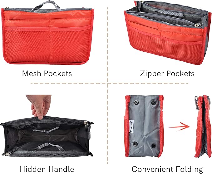 Vercord Purse Organizer Insert for Handbags Bag Organizers Inside Tote Pocketbook Women Nurse Nylon 13 Pockets Red Large